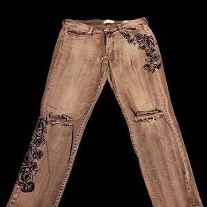 Jessica Simpson Beige Straight Leg Jeans with Black Rose Design